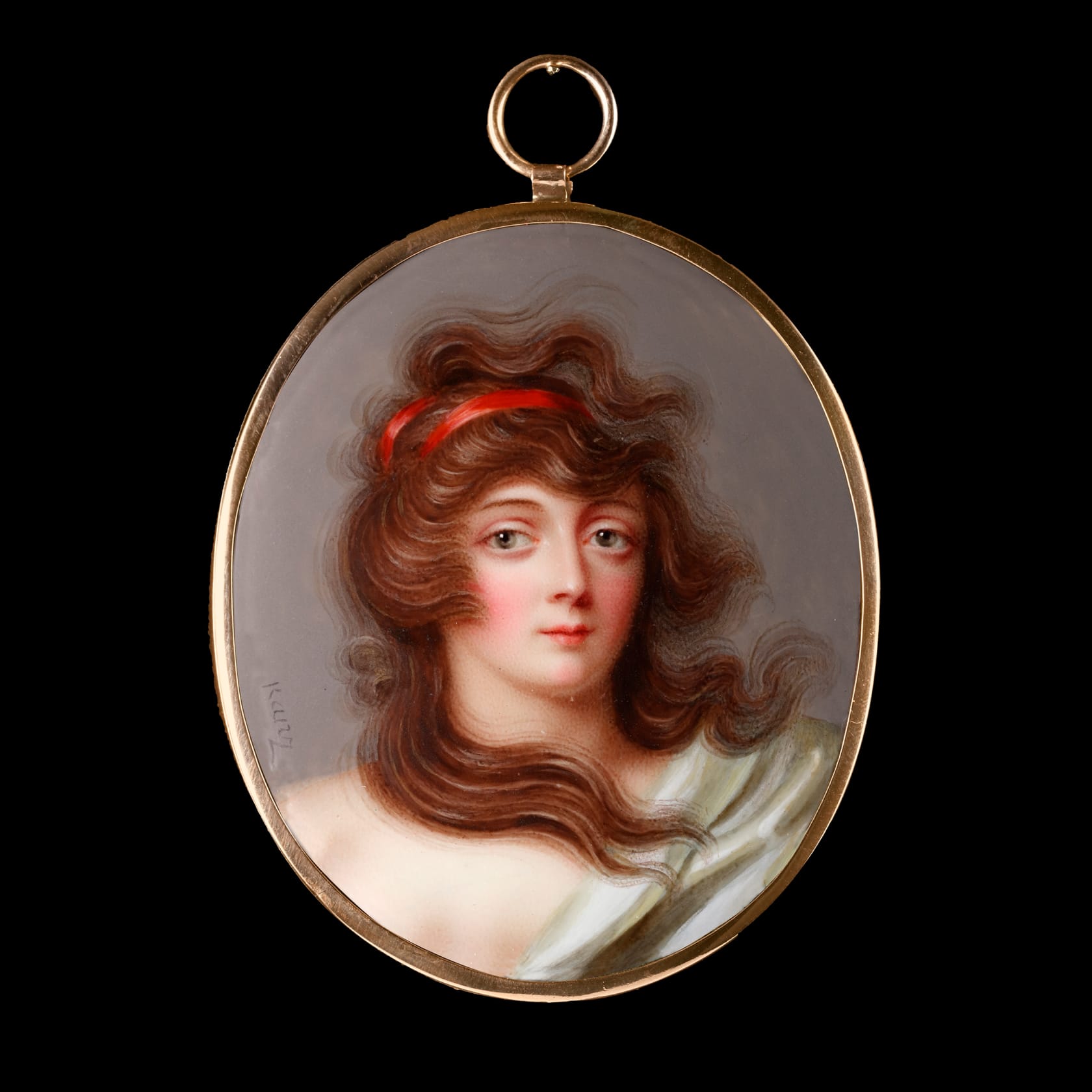 Signed 'Kanz' centre left Enamel on copper in gilded metal frame Oval, 2 1/4 in (56 mm) high