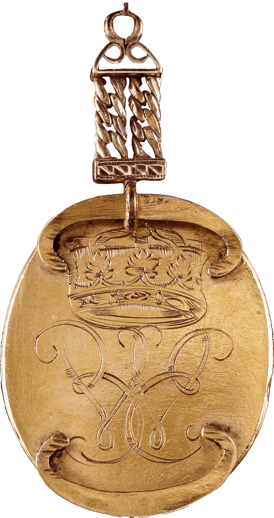 Engraved verso with crowned cursive initials Watercolour on vellum, original gilt brass clasp frame, link and loop suspension Oval, 1 1/4 in (32mm) high