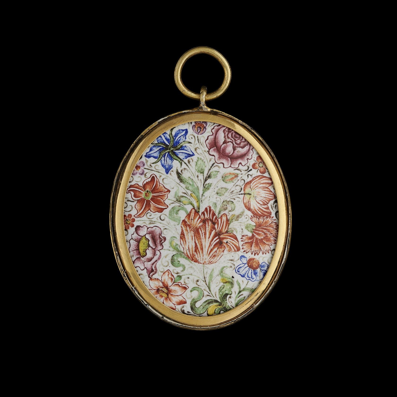 Watercolour on vellum, laid down on card in gold locket frame (probably 18th century), the reverse with an enamel of flowers dating to the mid-17th century Oval, 1 ¾ in (44 mm) high