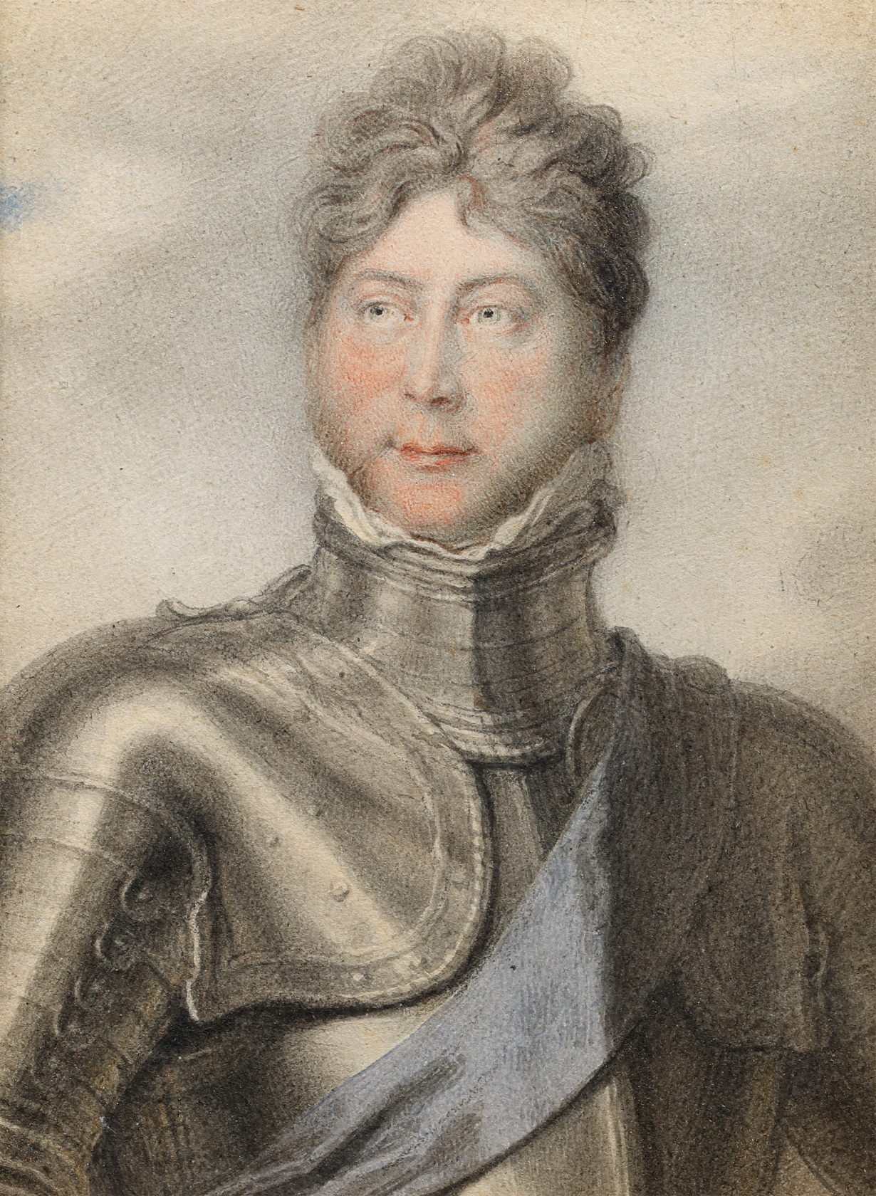 Labels and inscriptions on the reverse ‘King George 4th/ by/ Cosway./ This portrait was/ given by the King/ to my mother the/ Countess of Mornington/ PW’ Watercolour and pencil on card in shaped gilded frame, with cypher of George IV and royal crown above 4 2/5 x 3 in (113 x 76 mm)