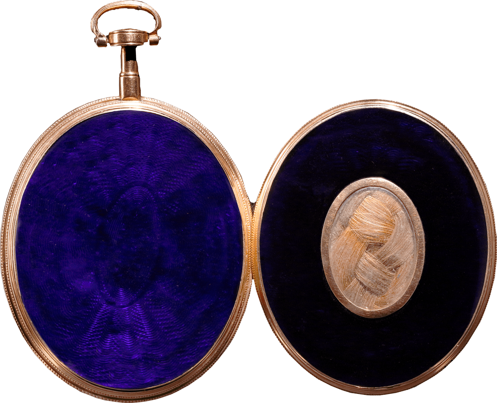 Watercolour on ivory set in (original) gold fausse-montre locket case, the exterior with hair panel and blue glass Ovals, 1 ½ in (40 mm) high