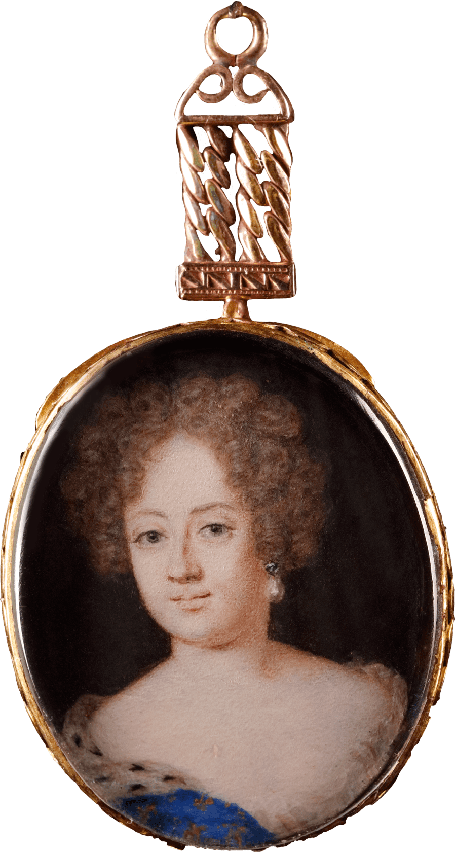 Engraved verso with crowned cursive initials Watercolour on vellum, original gilt brass clasp frame, link and loop suspension Oval, 1 1/4 in (32mm) high