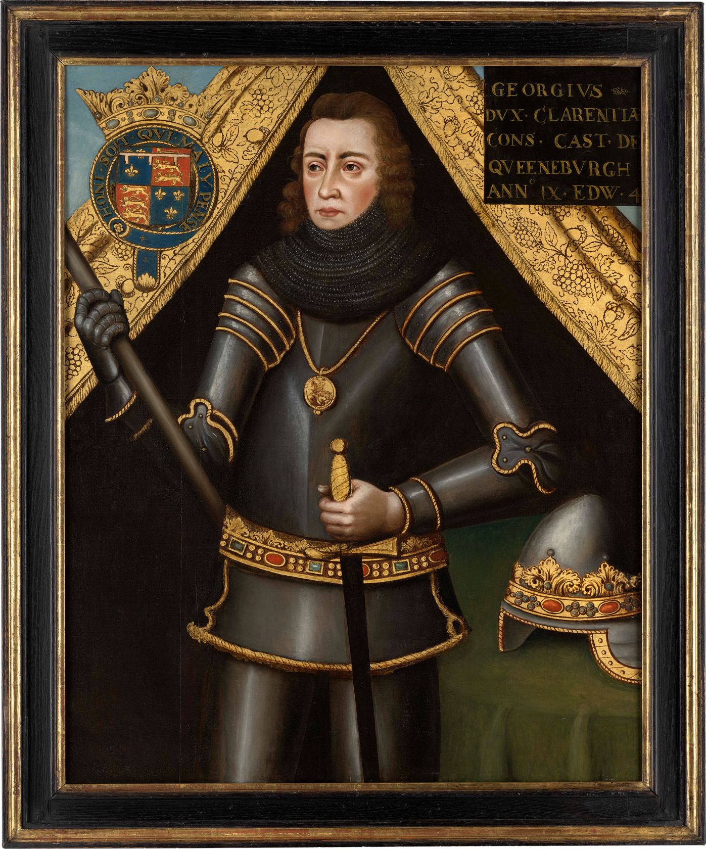 Inscribed upper right: GEORGIUS / DUX. CLARENTIAE CONS. CAST. DE QVEENBURGH / ANN IX. EDW. 4 Oil on canvas, laid down on panel 44 by 35 ½ in (112 cm x 90 cm)