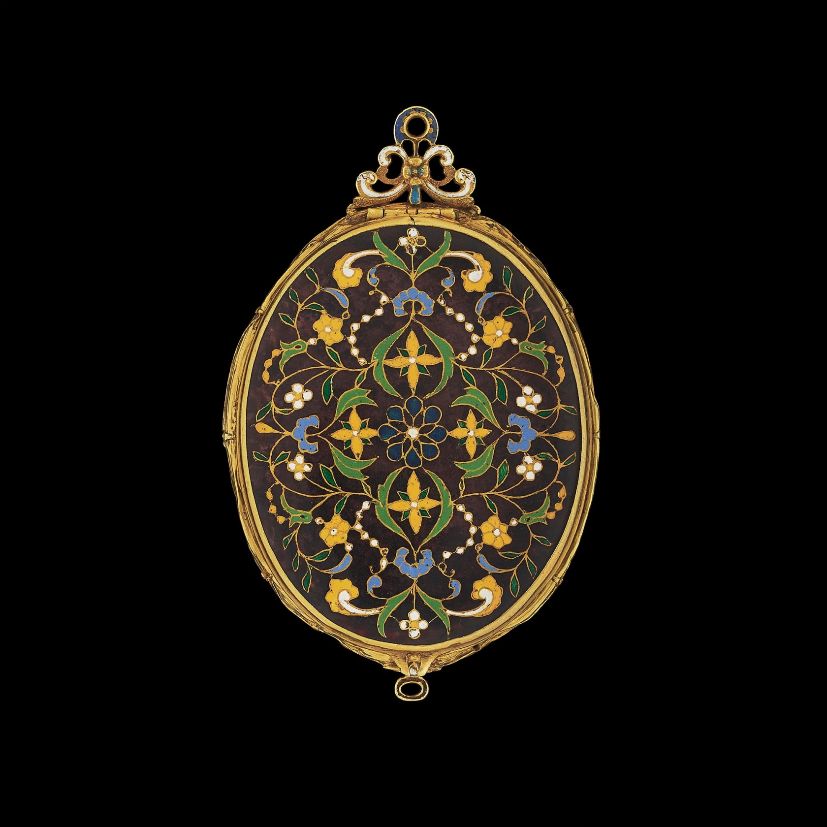 Watercolour on vellum laid on a playing card  In double gold locket, enamelled with floral arabesques in natural colours on a mauve ground, possibly  seventeenth-century  45mm high (oval)