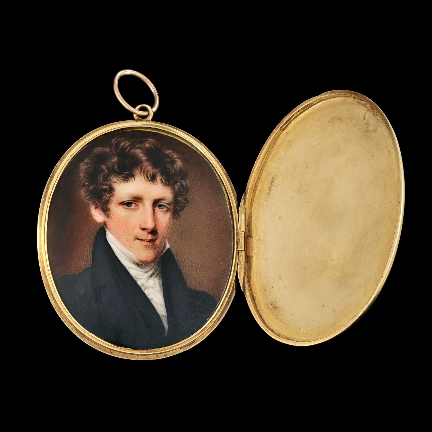Signed on reverse and engraved on the exterior of the case with the initial ‘W’ and date ‘1824’ within foliate surround Watercolour on ivory in gold locket case Oval, 2 in (51 mm) high