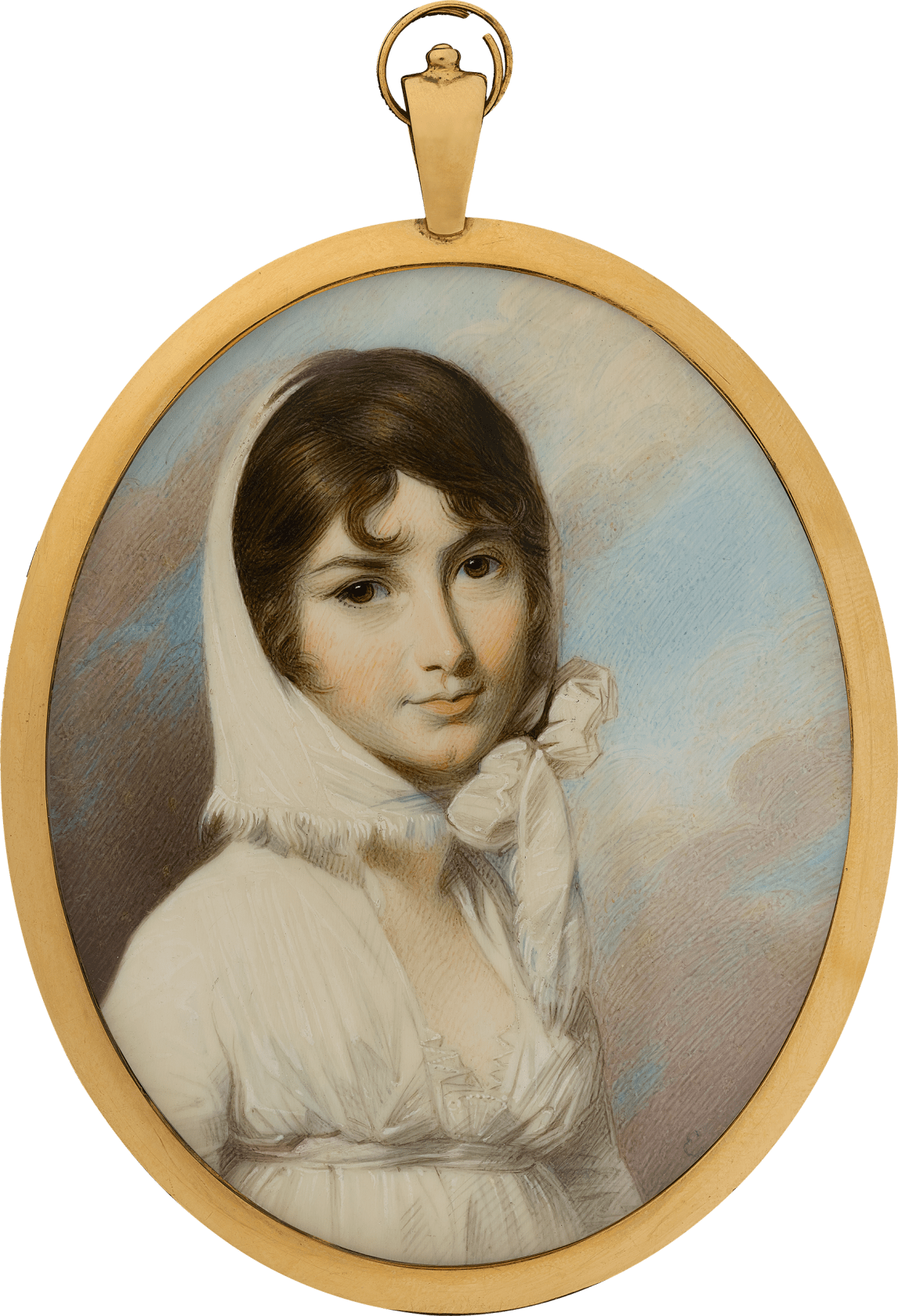 Signed with the artist's initial 'E' lower right Watercolour on ivory in gilt-metal frame Oval, 3 in (78 mm) high