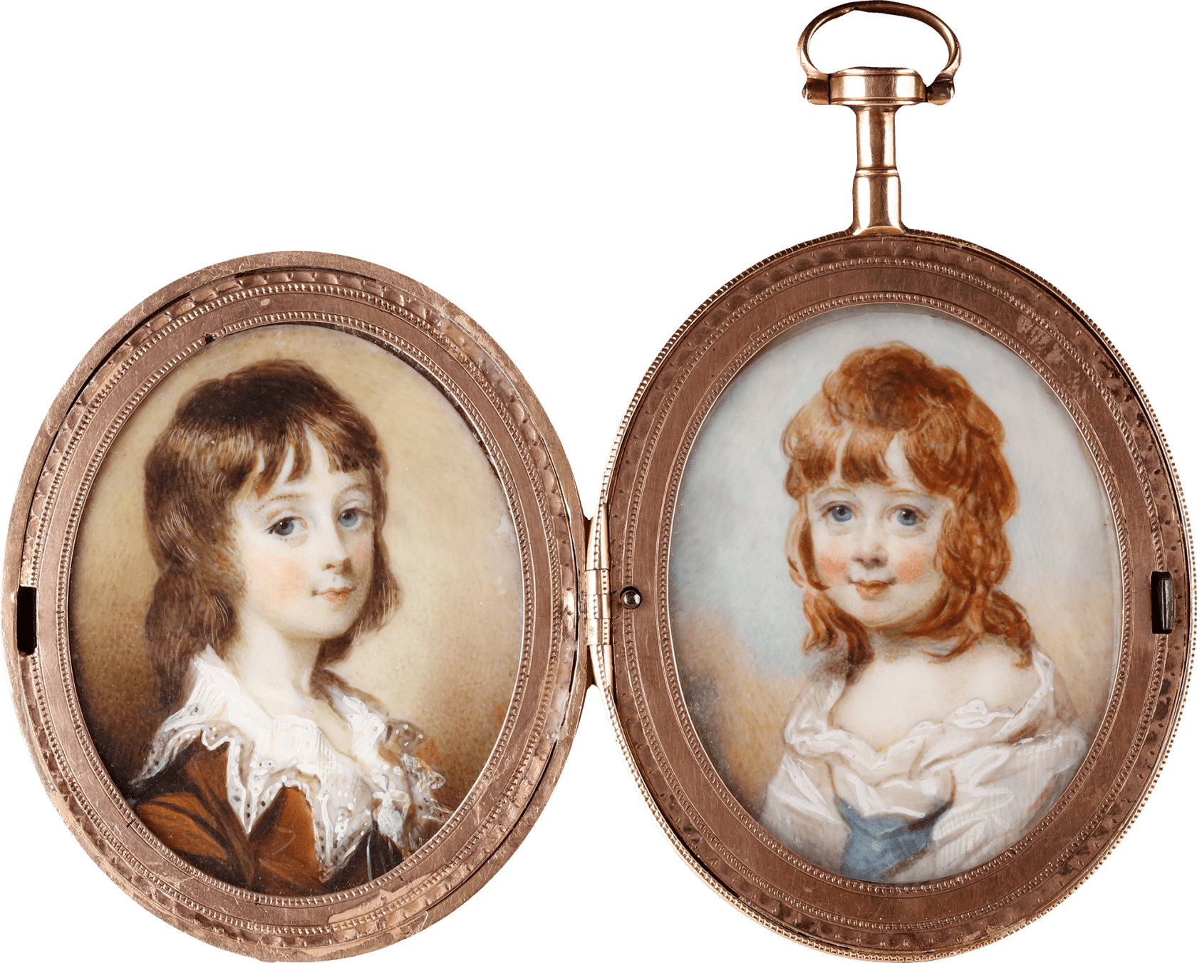 Watercolour on ivory set in (original) gold fausse-montre locket case, the exterior with hair panel and blue glass Ovals, 1 ½ in (40 mm) high
