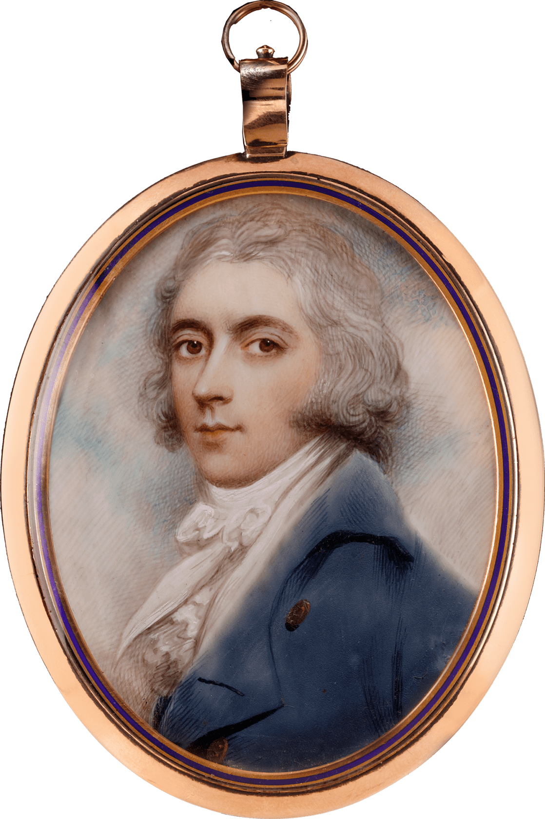 Set in gold frame with blue enamel border, the reverse with plaited hair Oval, 2 3/4 in (70 mm) high