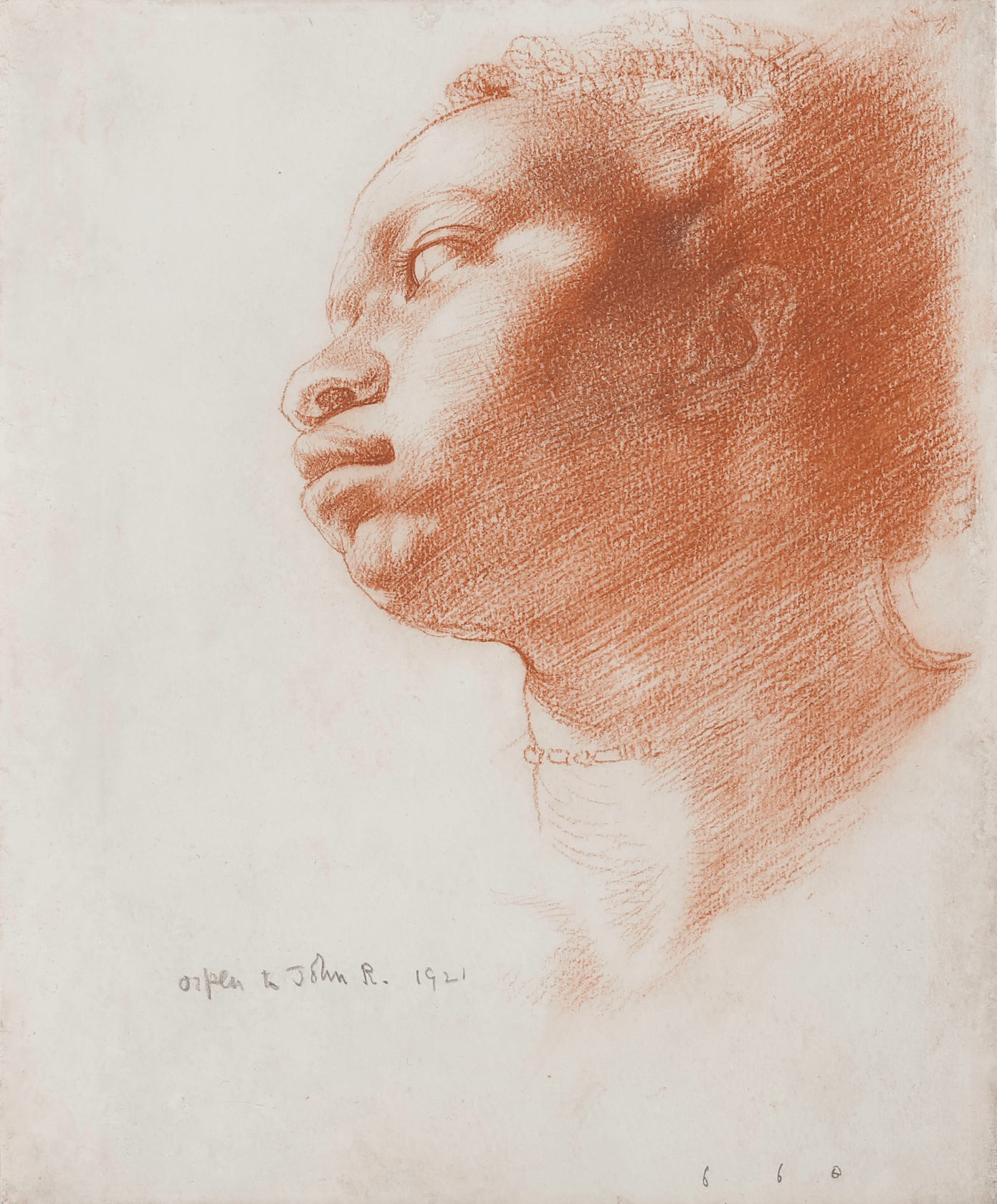 Signed, dedicated and dated 'Orpen to John R. 1921' lower left, numbered '660' lower right and inscribed verso  Red chalk on paper  10½ x 7¾ in. (26.7 x 19.7cm.)