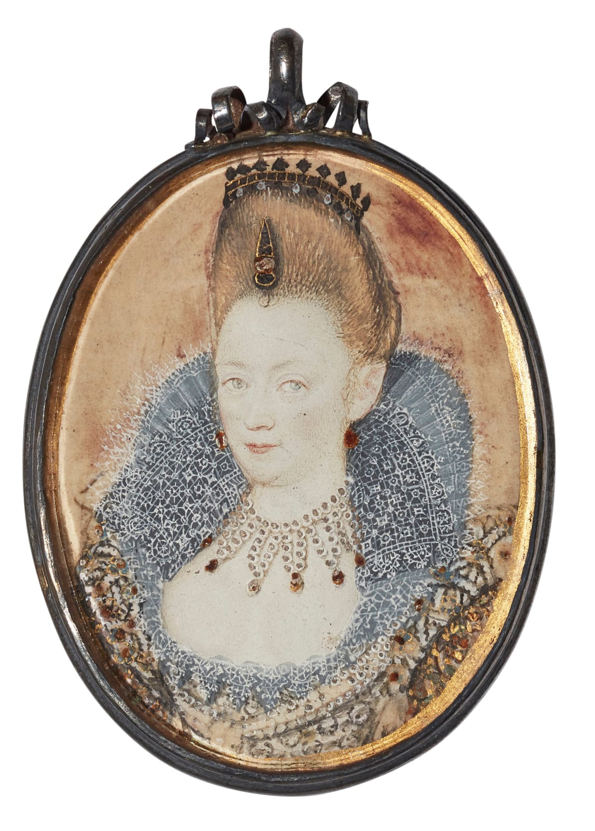 Watercolour on vellum laid on a playing card  In double gold locket, enamelled with floral arabesques in natural colours on a mauve ground, possibly  seventeenth-century  45mm high (oval)