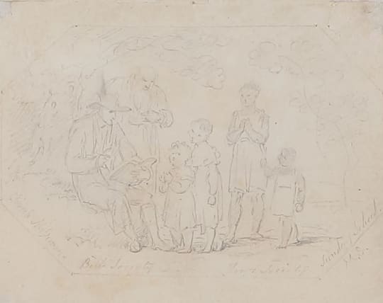 With a pencil sketch by the artist entitled ‘Sunday School’ affixed verso, watermarked ‘CMD 1818’ and a wax-sealed inscription ‘Maria Spilsbury / Jane Bryan / of Cong County / Galway’ affixed verso  Oil on canvas  29 3/8 x 22 7/8 in. (74.5 x 58 cm)