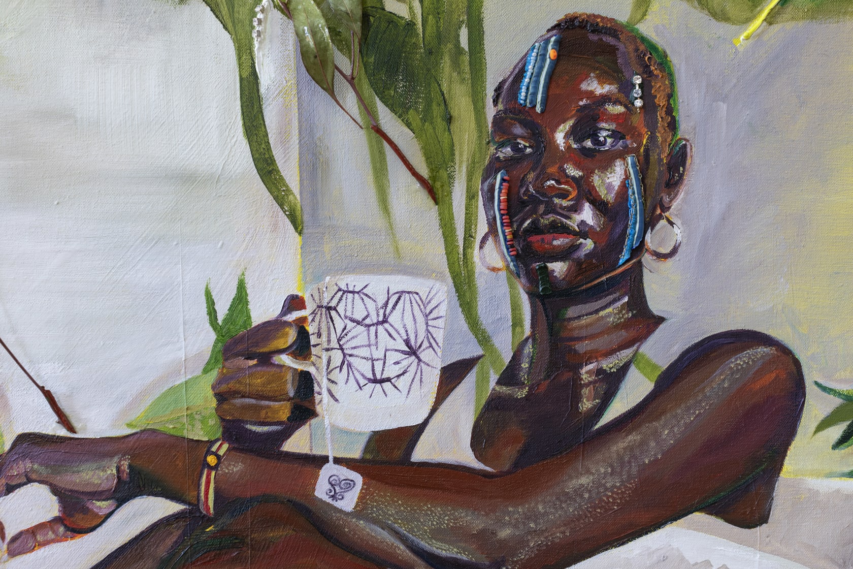 Gisela McDaniel Look back/Look forward2020 Oil on canvas, found object, flower, resin, sound on USB 91.4 x 152.4 x 14...