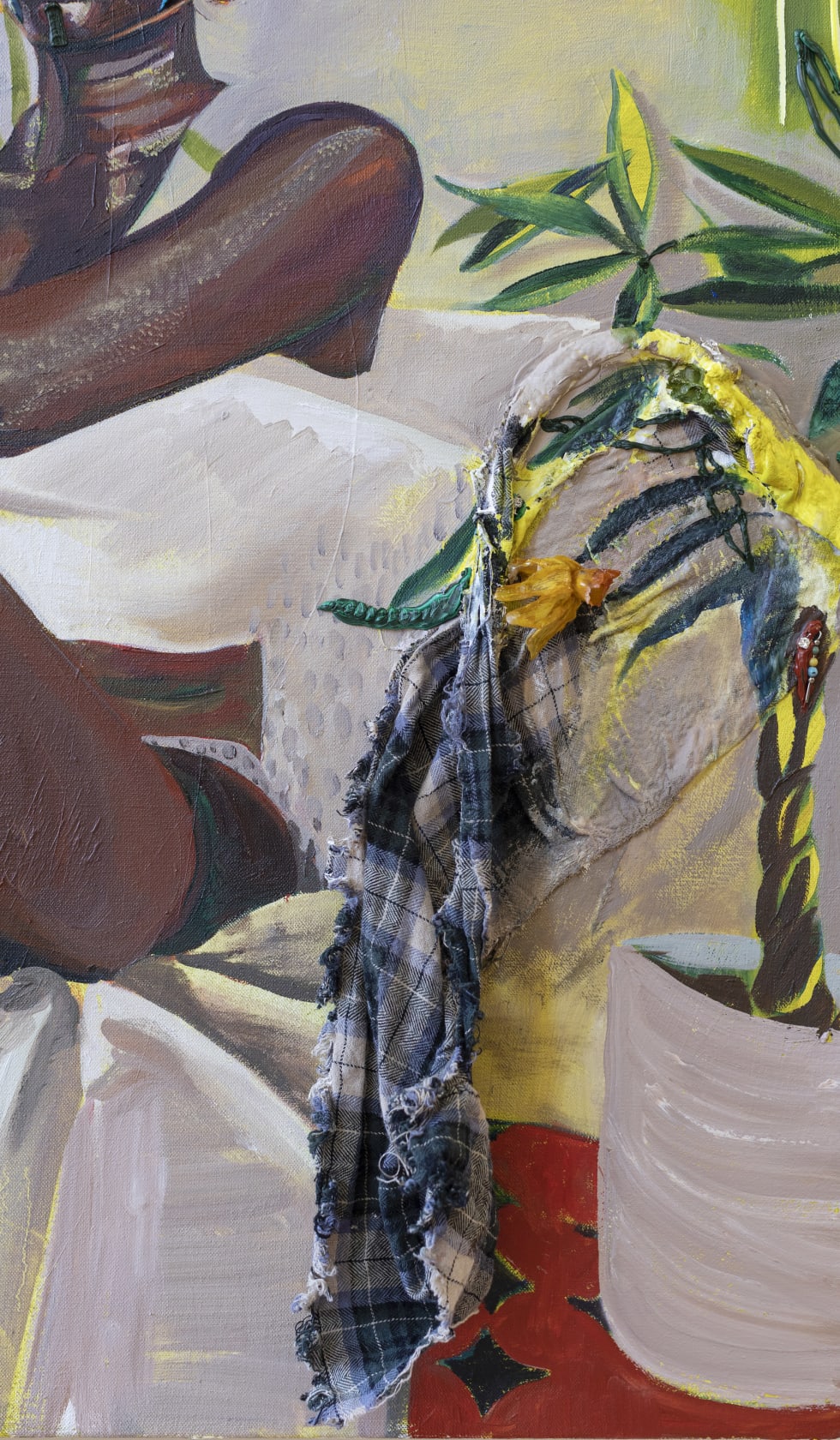 Gisela McDaniel Look back/Look forward2020 Oil on canvas, found object, flower, resin, sound on USB 91.4 x 152.4 x 14...