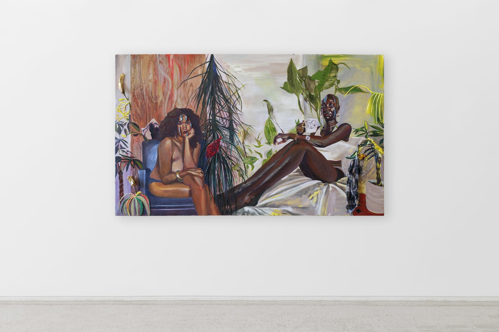 Gisela McDaniel Look back/Look forward2020 Oil on canvas, found object, flower, resin, sound on USB 91.4 x 152.4 x 14...