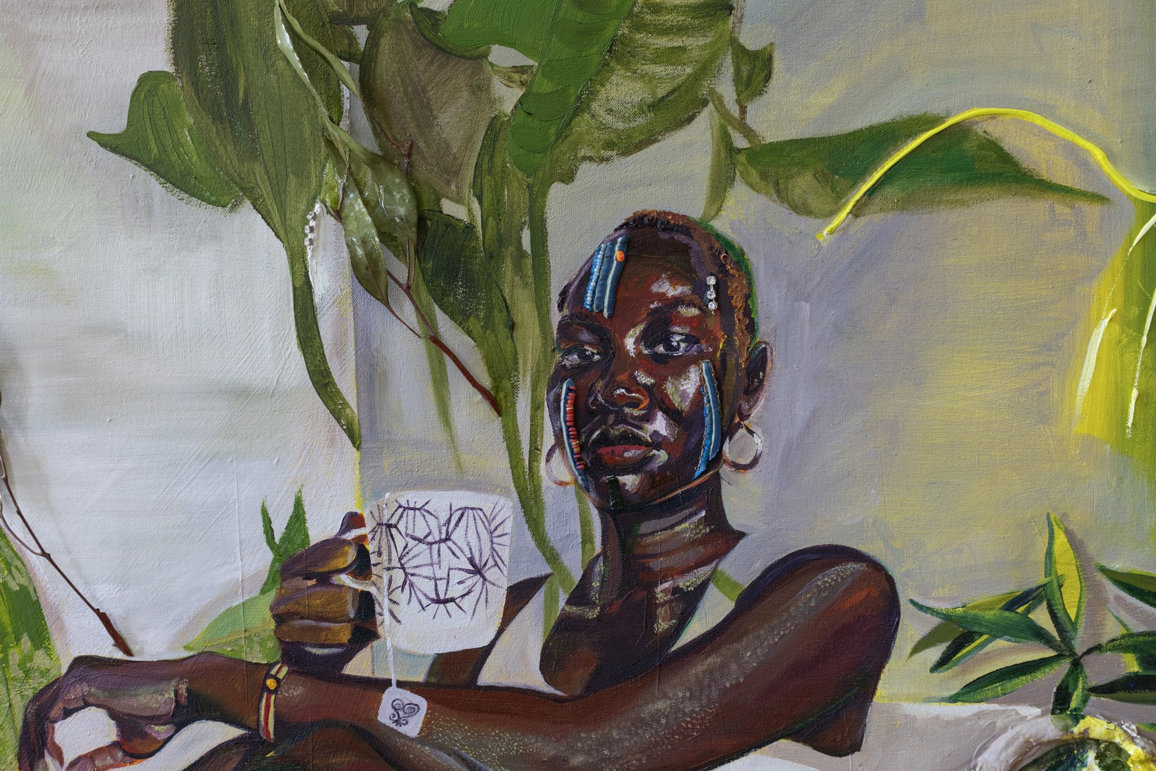 Gisela McDaniel Look back/Look forward2020 Oil on canvas, found object, flower, resin, sound on USB 91.4 x 152.4 x 14...
