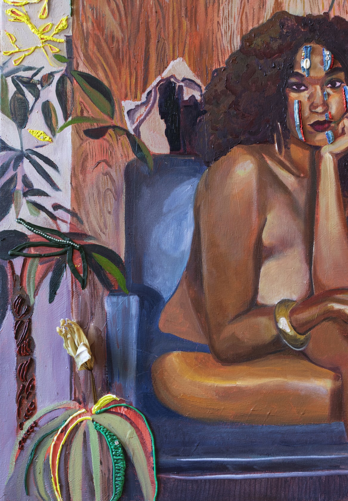Gisela McDaniel Look back/Look forward2020 Oil on canvas, found object, flower, resin, sound on USB 91.4 x 152.4 x 14...