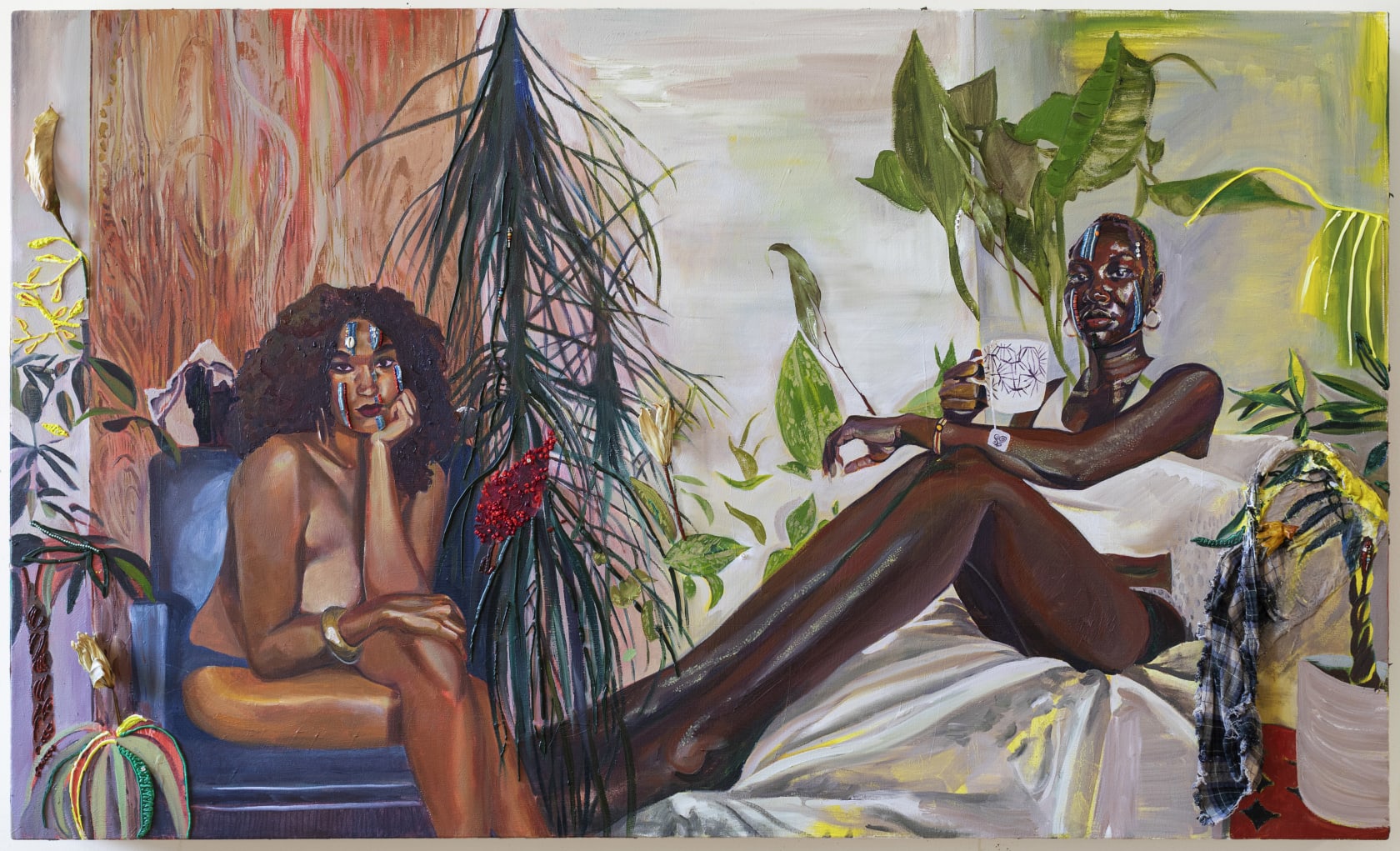 Gisela McDaniel Look back/Look forward2020 Oil on canvas, found object, flower, resin, sound on USB 91.4 x 152.4 x 14...