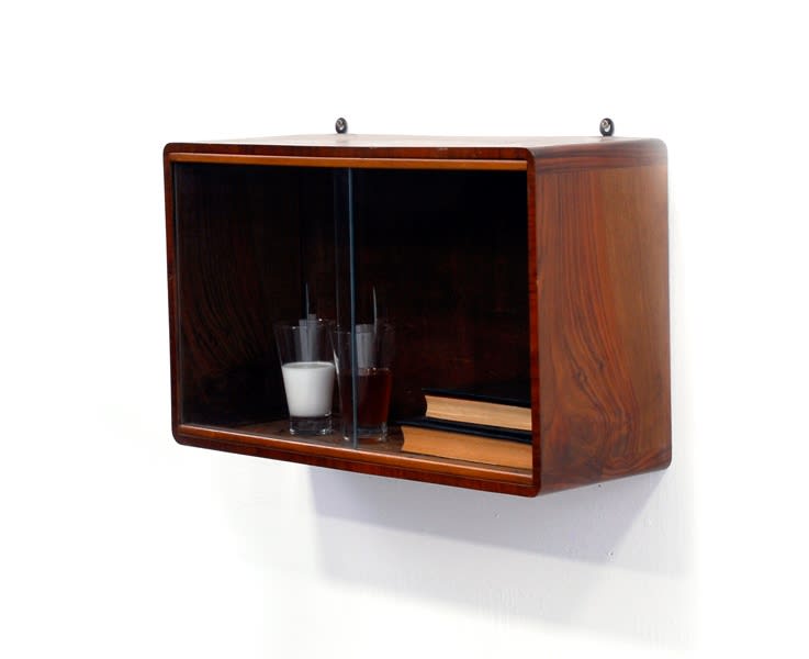 Julião Sarmento Abstract2010 Wood and glass vitrine, 2 books, 2 glasses, honey and milk 37.8 x 61.6 x 22 cm...