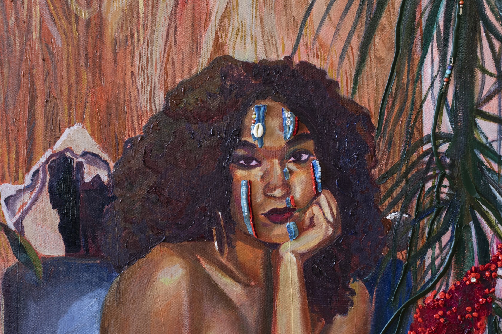 Gisela McDaniel Look back/Look forward2020 Oil on canvas, found object, flower, resin, sound on USB 91.4 x 152.4 x 14...