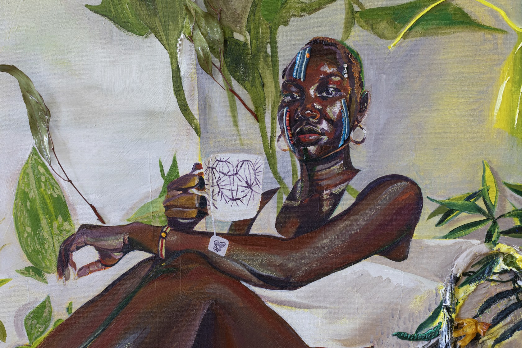 Gisela McDaniel Look back/Look forward2020 Oil on canvas, found object, flower, resin, sound on USB 91.4 x 152.4 x 14...
