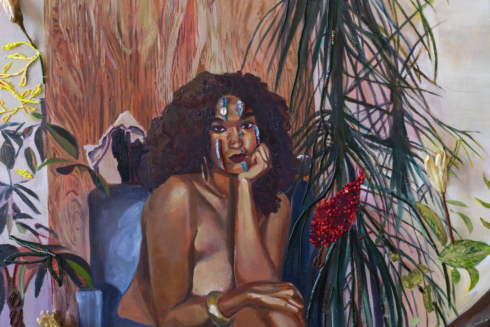 Gisela McDaniel Look back/Look forward2020 Oil on canvas, found object, flower, resin, sound on USB 91.4 x 152.4 x 14...