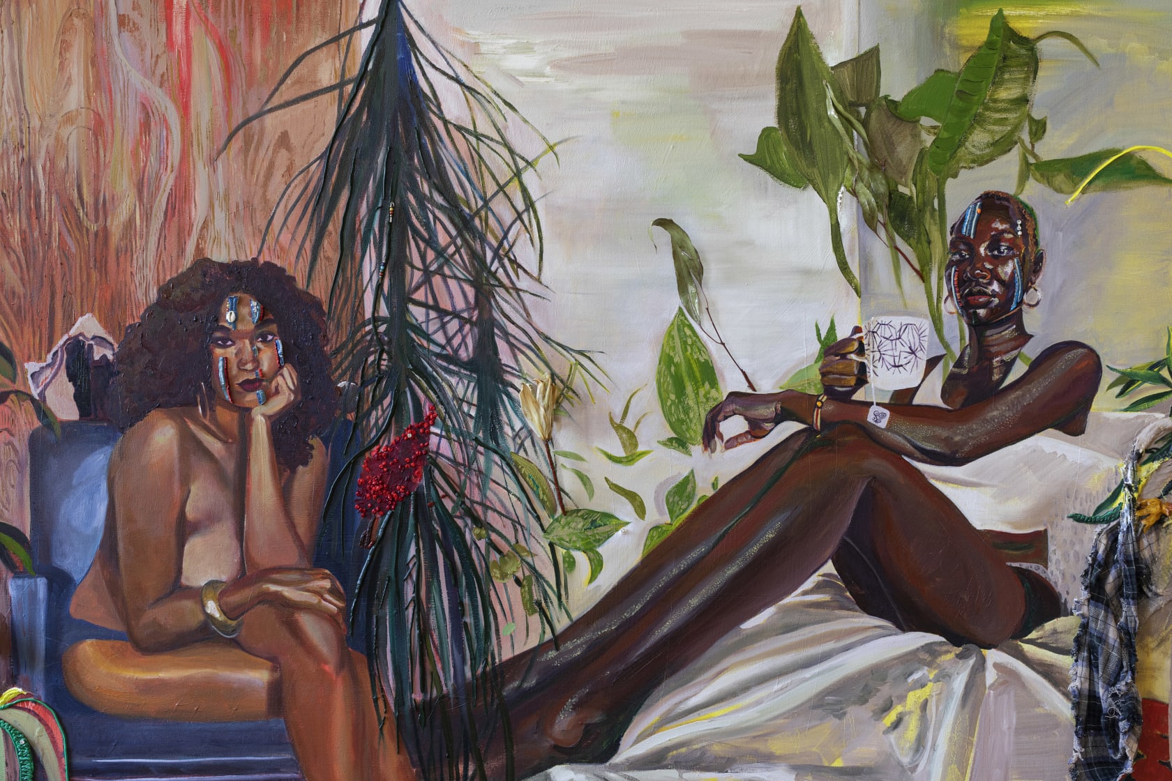 Gisela McDaniel Look back/Look forward2020 Oil on canvas, found object, flower, resin, sound on USB 91.4 x 152.4 x 14...
