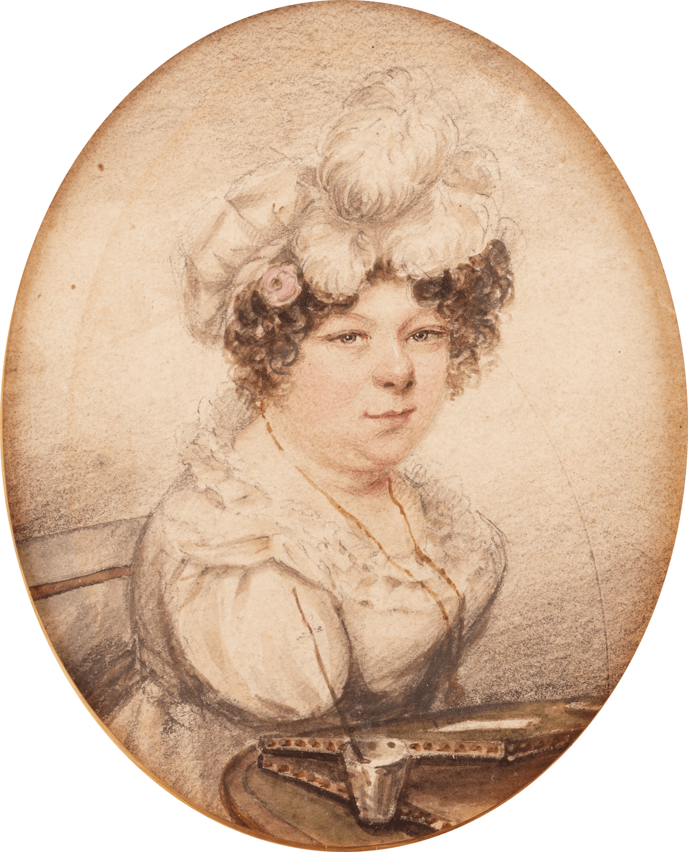 Biffin wore her wedding ring on a chain around her neck.  Attributed to Sarah Biffin, A portrait of Sarah Biffin at her painting slope, c. 1825.  Watercolour and pencil on card Oval, 4 in. (10 cm) high.  National Portrait Gallery, London.