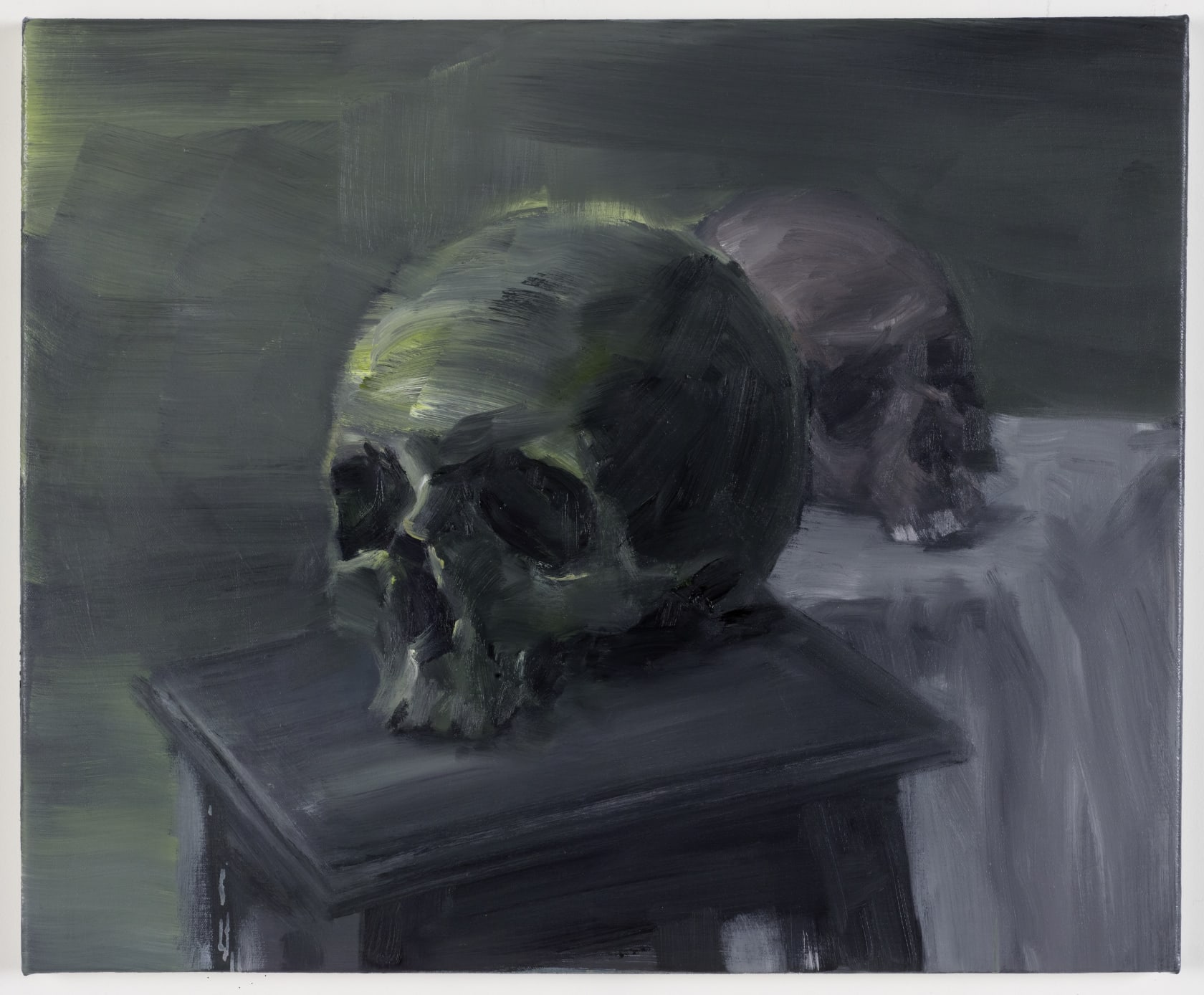 Nature morte, crânes et tabourets, 2020 Oil on canvas 50 x 61 x 2 cm (19.69 x 24.02 x 0.79...