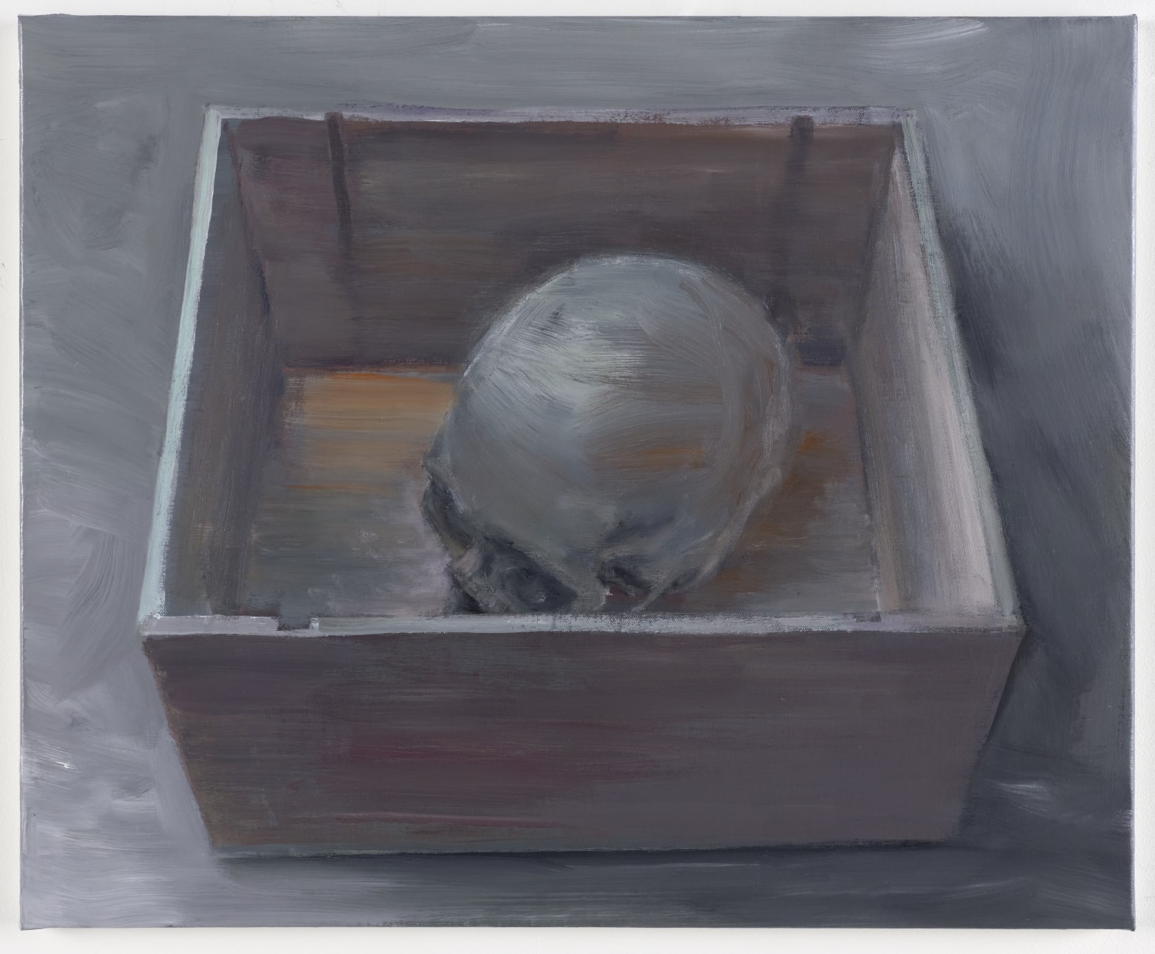 Nature morte, crâne et caisse à vin, 2020 Oil on canvas 50 x 61 x 2 cm (19.69 x 24.02...