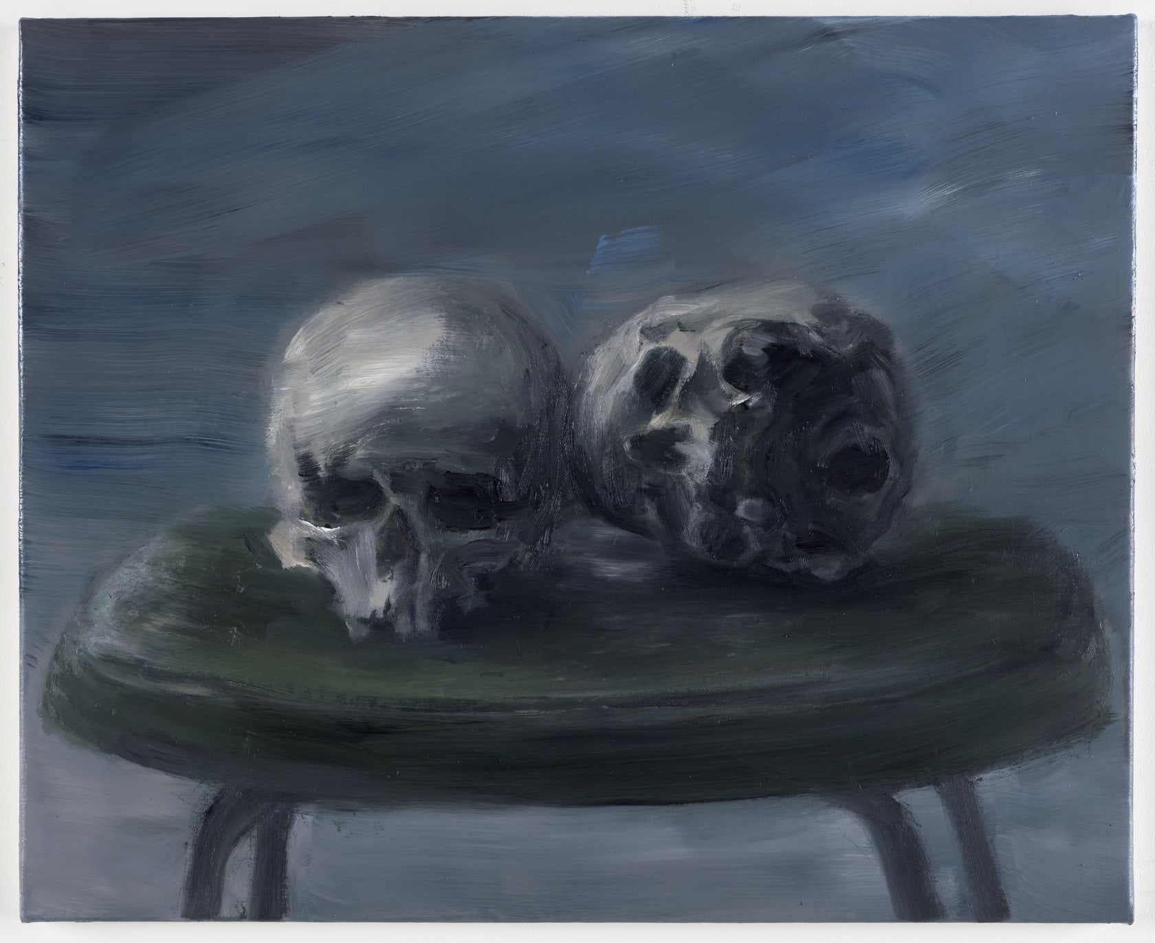 Nature morte, crânes et tabouret vert, 2020 Oil on canvas 50 x 61 x 2 cm (19.69 x 24.02 x...