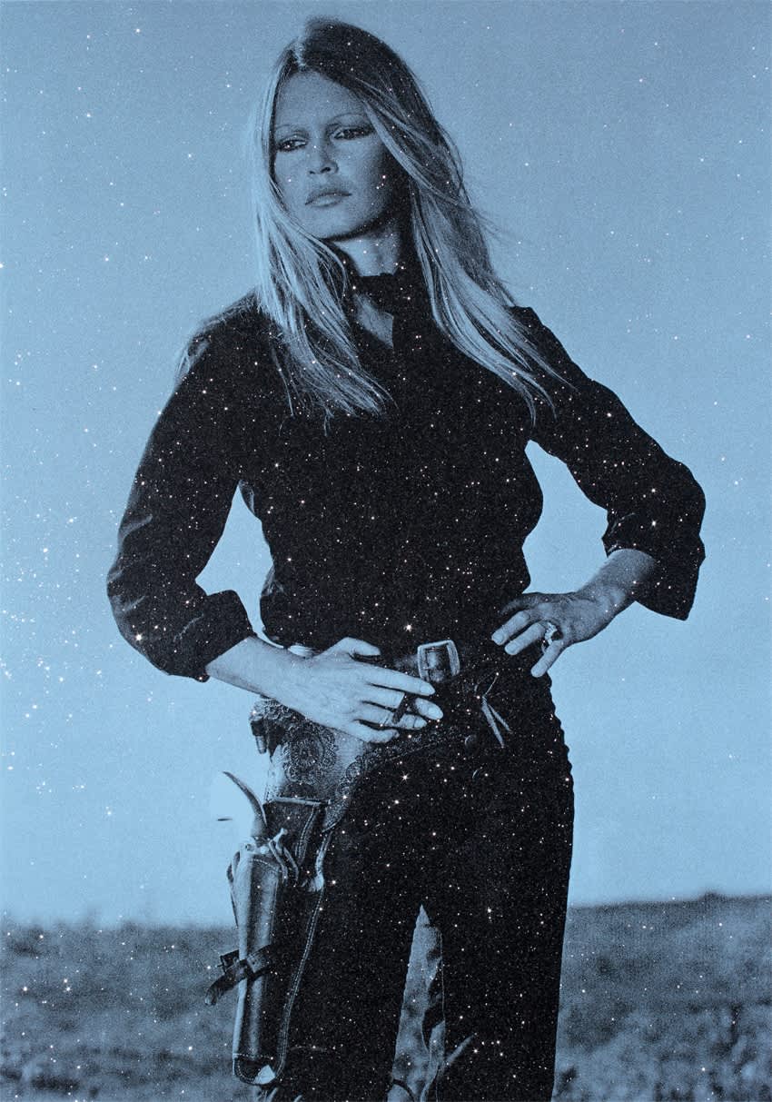 Russell Young Bardot Cowgirl (Desert Sky Blue) Acrylic, oil based ink and diamond dust hand pulled screen print on linen