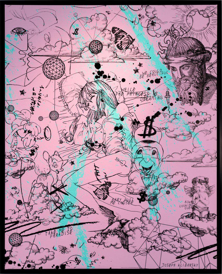 Joseph Klibansky Take Me to Paradise - Pink Silkscreen and Acrylics on Canvas