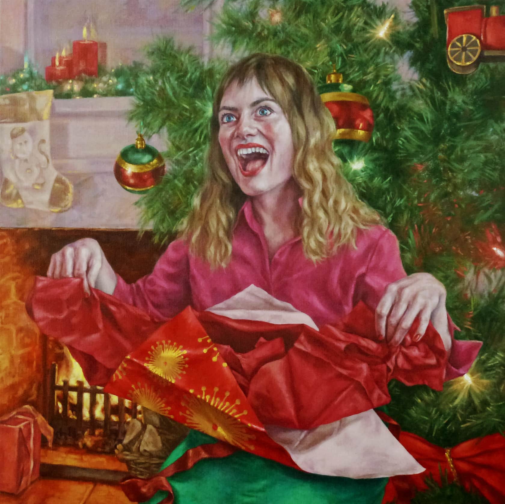 Roxana Halls Laughing While Unwrapping Oil on linen