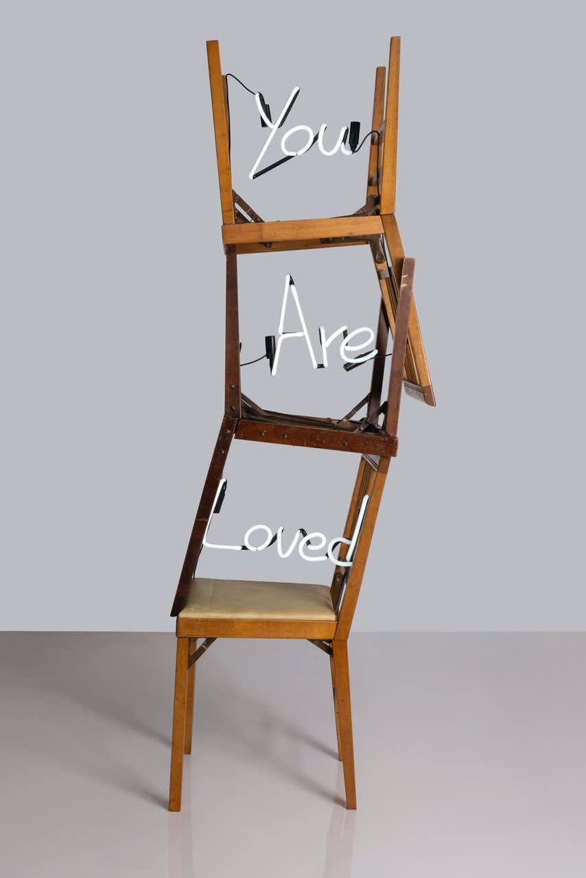 Carl Hopgood You Are Loved Wooden chairs and white neon assemblage