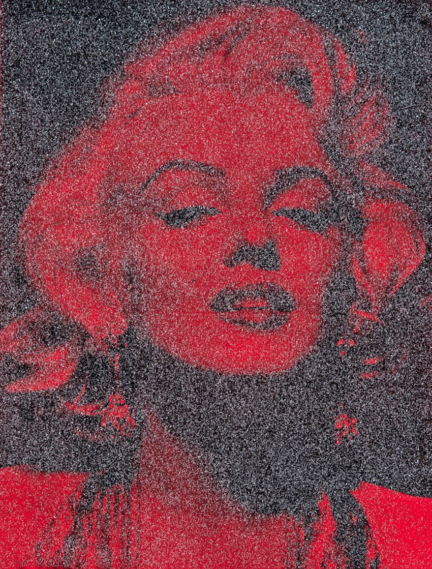 Russell Young Marilyn Portrait California (Sunset Scarlet & Black) Enamel and diamond dust screen print on linen