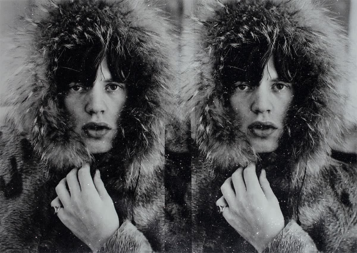Russell Young Mick Jagger Diptych (Love White) Acrylic and enamel hand pulled diamond dust screen print on linen