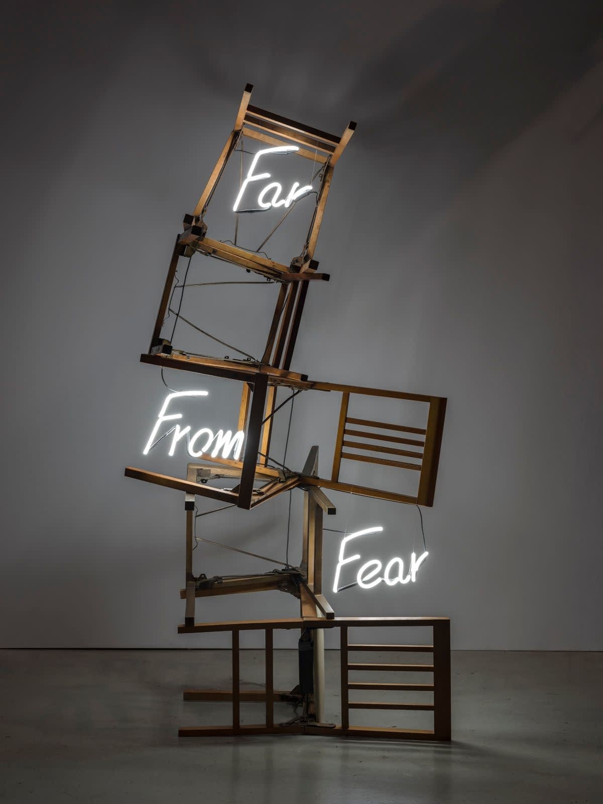 Carl Hopgood Far From Fear Wooden chairs and white neon assemblage