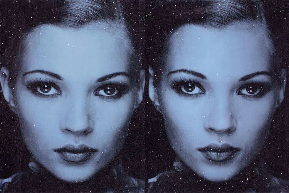 Russell Young Kate Moss Diptych (Foxy Blue) Acrylic, oil based ink and diamond dust hand pulled screen print on linen