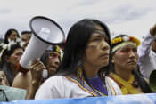 Amazonian women during the mobilization for International Women's Day, March 8, 2020. One of the strongest demands of Amazonian women has to do with the sovereignty of their ancestral lands, which are constantly violated in favor of mining and oil companies, ignoring the rights of nature and the people who inhabit these territories. Photo credit: Karen Toro / Climate Visuals Countdown