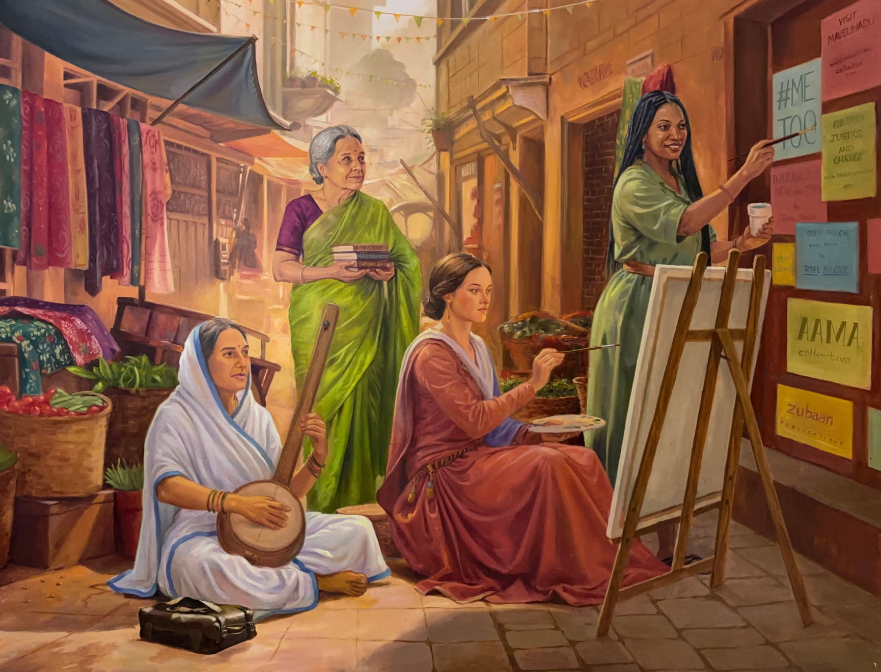 Saviya Lopes, एकता बाजार / Street of solidarity (L-R: Sant Soyarabai, Urmila Pawar, Artemisia Gentileschi, Tarana Burke), 2025