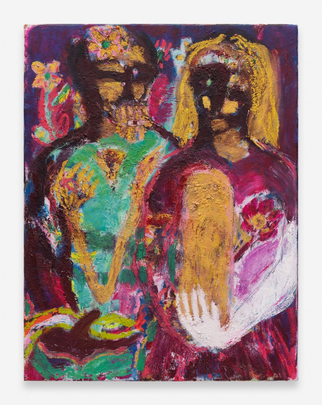 Kate Walters, Man flowers; she holds a pillar of gold, 2024