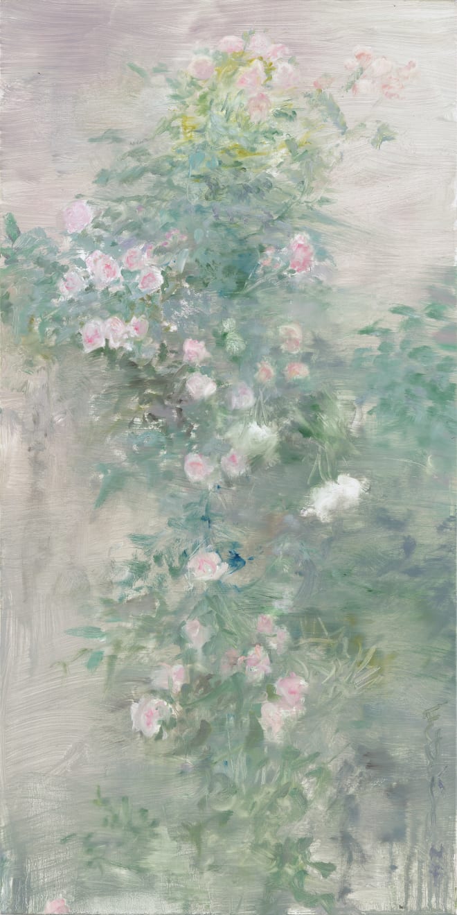 Pink, white and yellowish flowers painted by artist He Duoling which delivers a sense of early spring