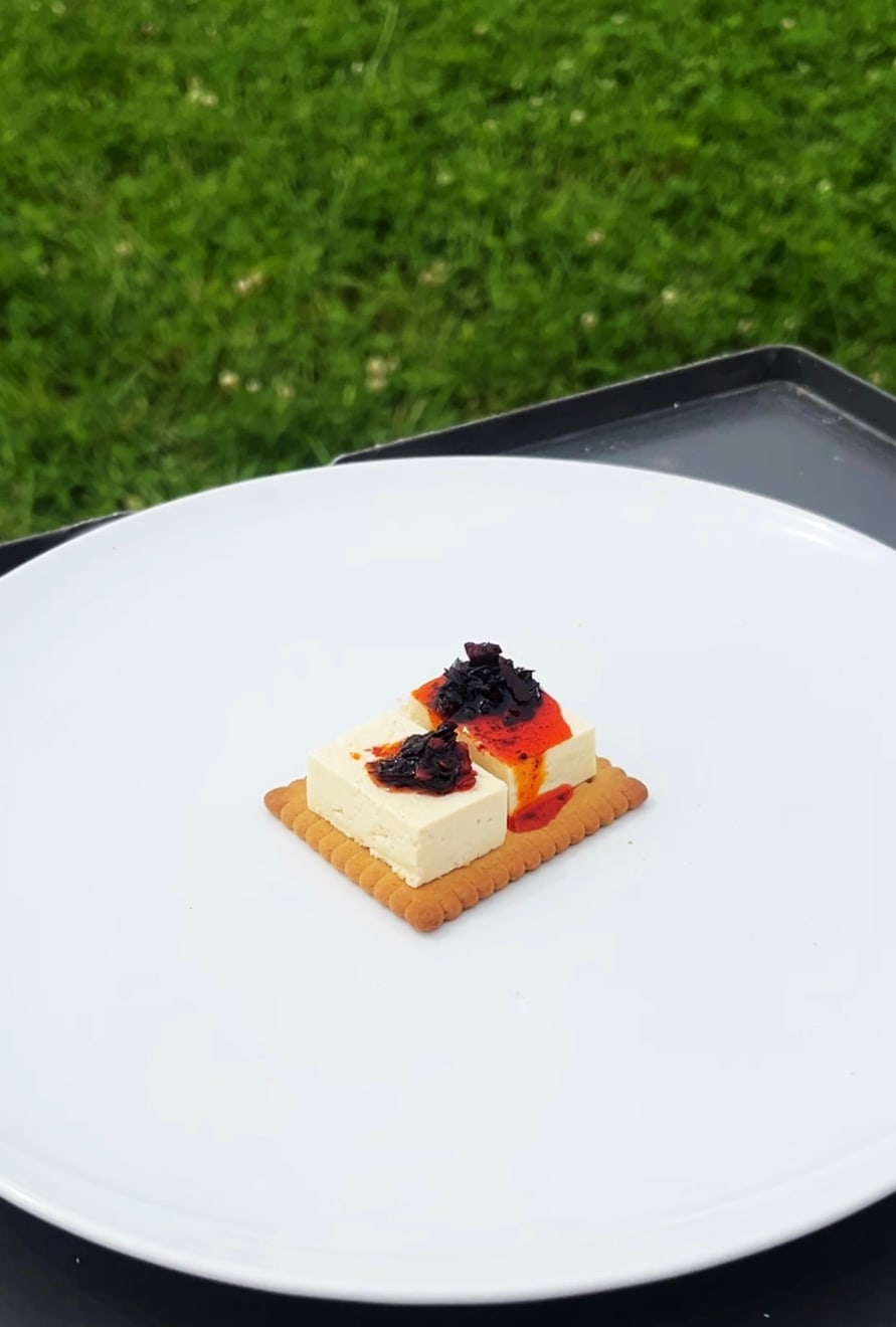 A close shot of Chen Qiulins' 2 pieces of tofu seasoned with laoganma chili sauce on a plain biscuit in 2024.