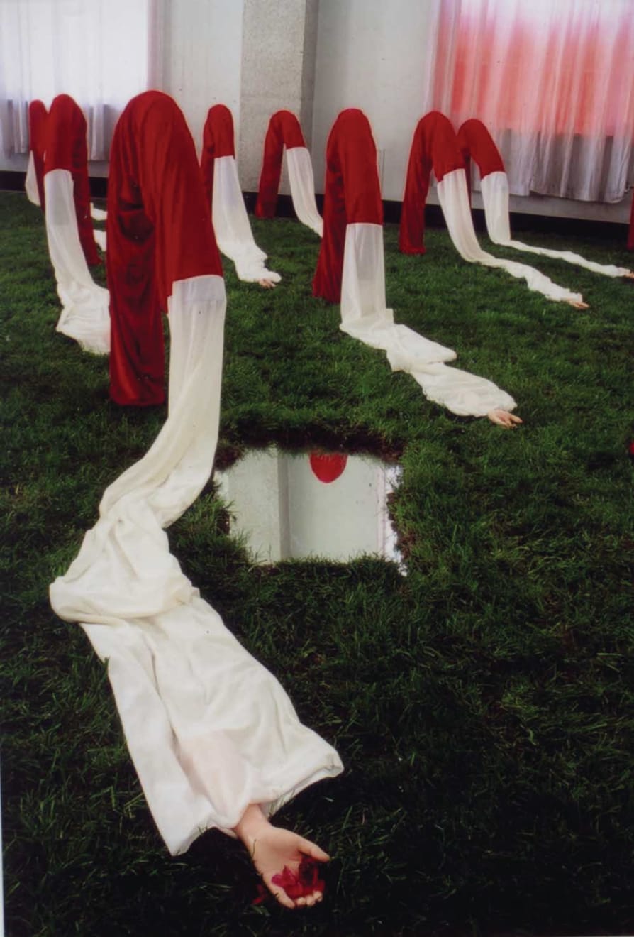 Chen Qiulin's installation work that is composed of red and white long peking opera sleeves with artificial arms; these sleeves are placed indoor on a man-made lawn; a mirror is also placed on this lawn.