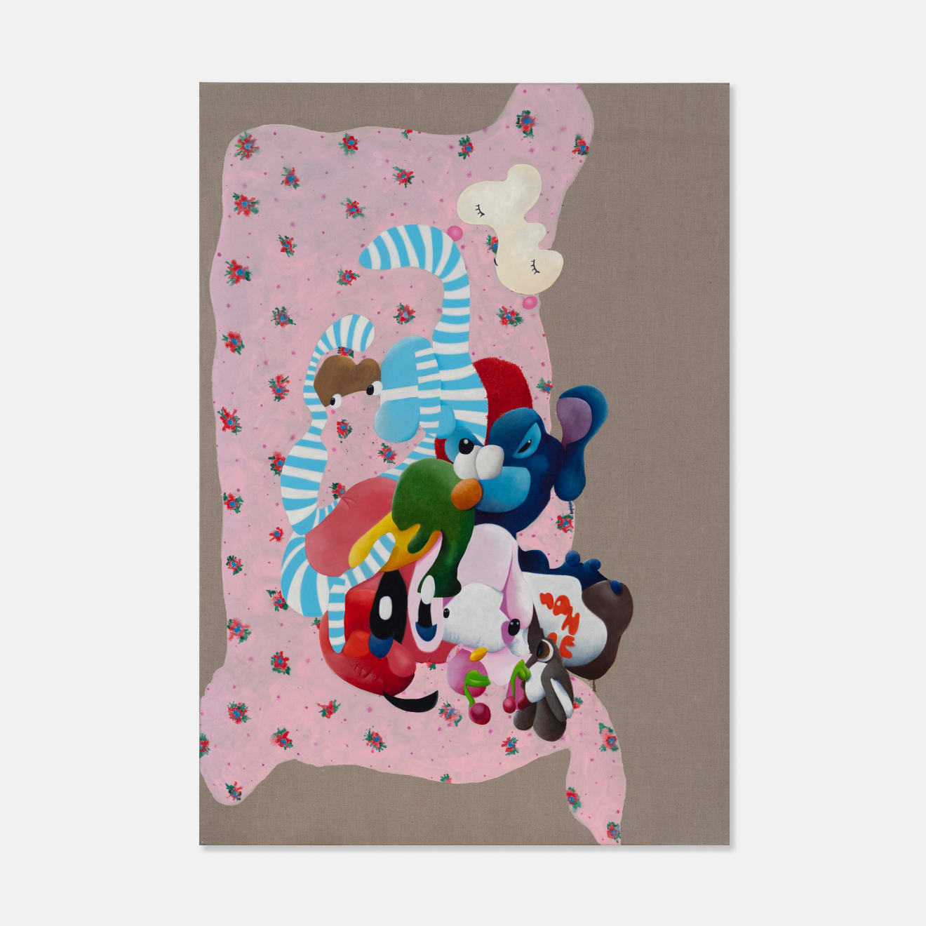 Josh Robbins, Monkey, Kirby, Elmo, Duck, Hello Kitty, Stitch, Rabbit, Cloud and Vintage Quilt (Soft Version) Blind Drawing at a Distance, 2023