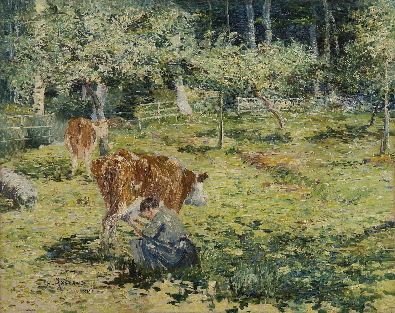 Charles Angrand, Femme trayant une vache, 1883