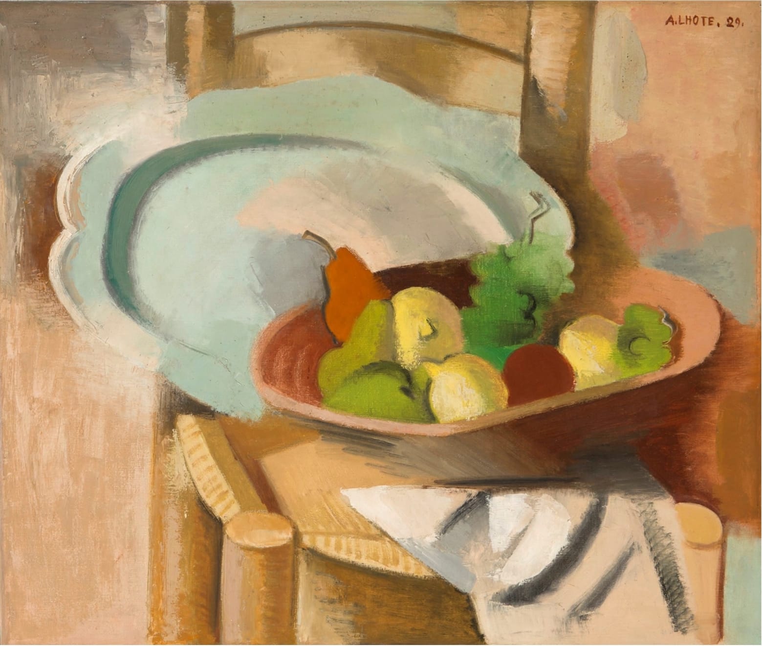 André Lhote, Corbeille de fruits et plat sur une chaise paillée, 1929