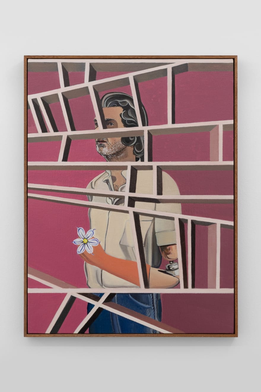 Man with prosthetic arm holding a flower in a painting by Alan Stanners