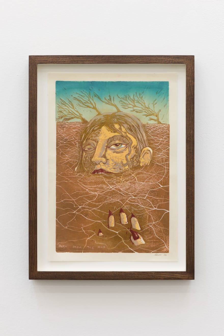 Person sinking in mud in a print by Alexi Marshall