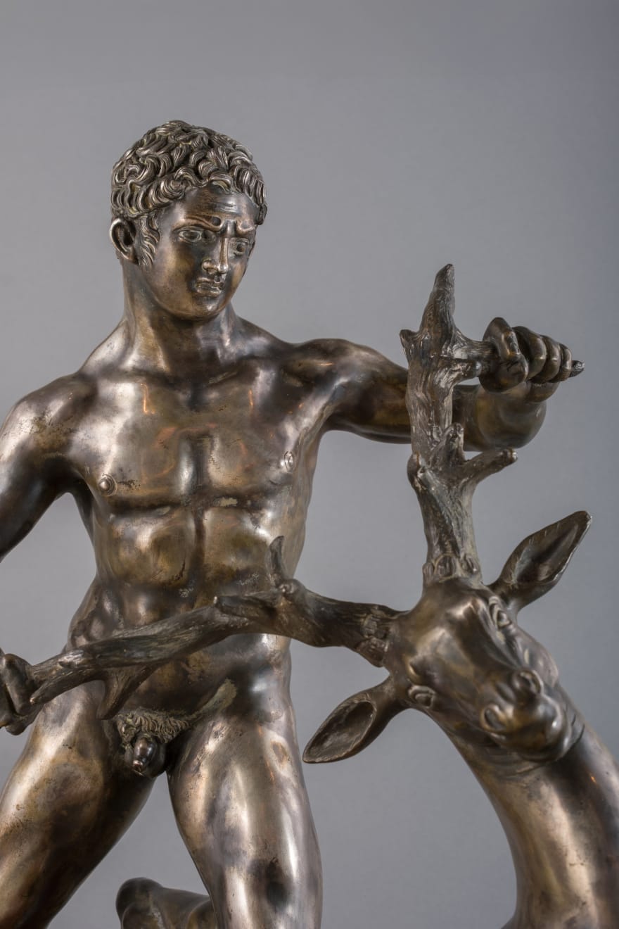 SILVER SCULPTURE HERCULES WITH DEER, Northern Italy, end of 19th Century